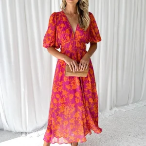 Alba | Abito da Cerimonia Lungo Floreale con Scollo a V