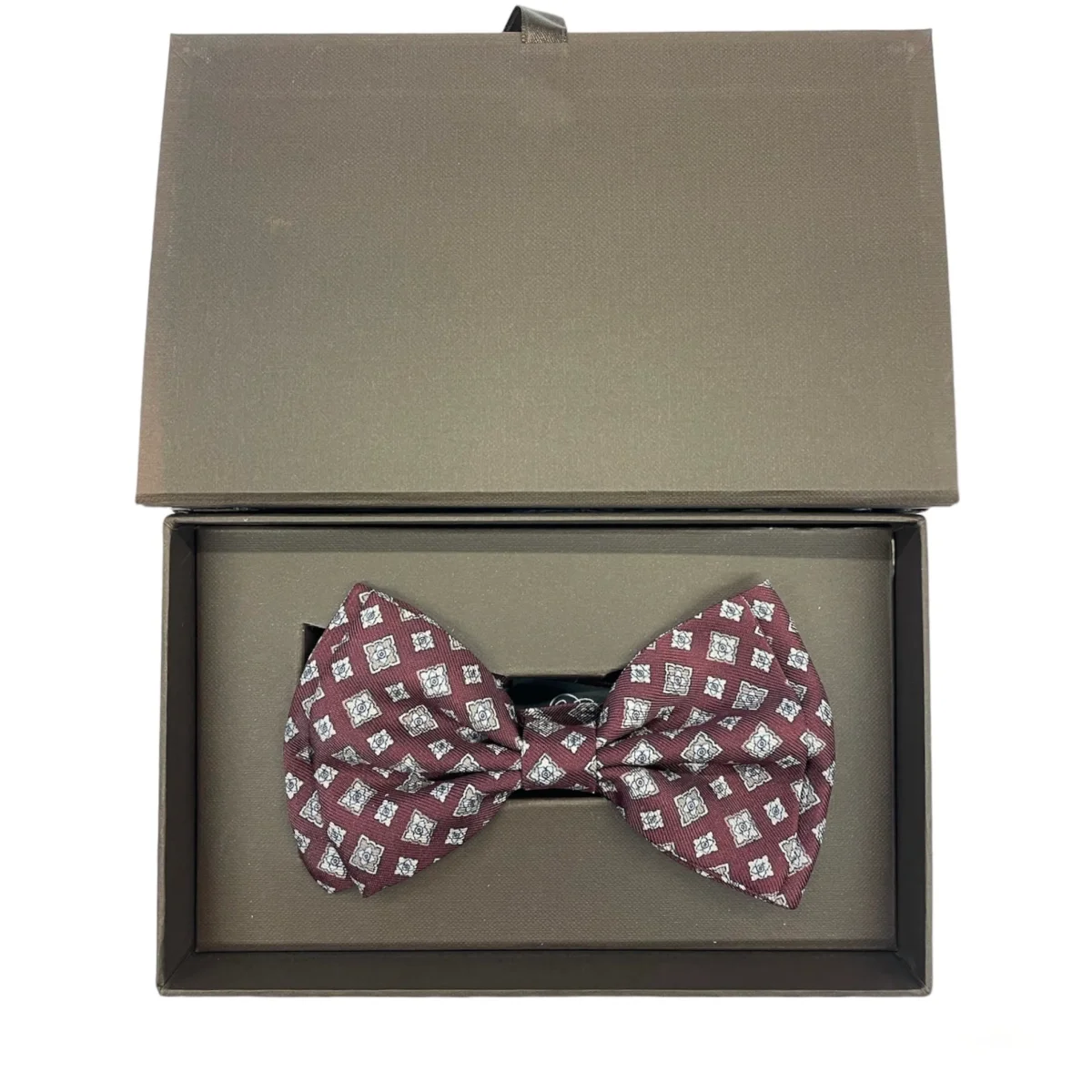 Papillon Sartoriale seta bordeaux con fiori marroni e beige - immagine 3