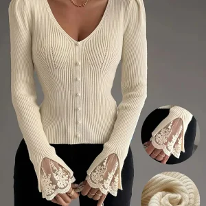 Rela | Maglia A Coste Con Pizzo Floreale Scollo A V