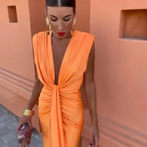 Rina | Abito Midi da Festa in Raso con Scollo Profondo